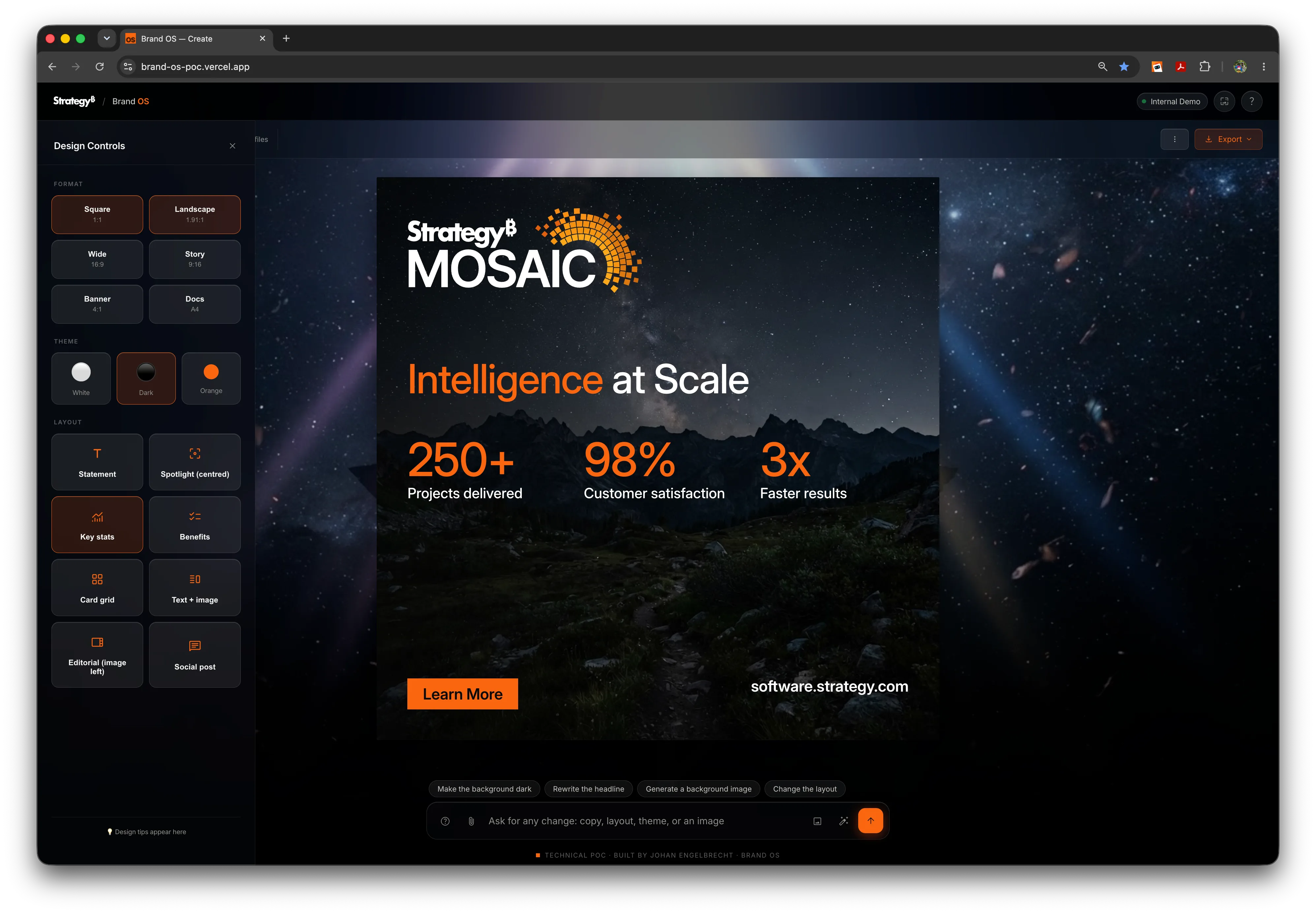 Key stats layout with the Strategy Mosaic lockup, dark theme.