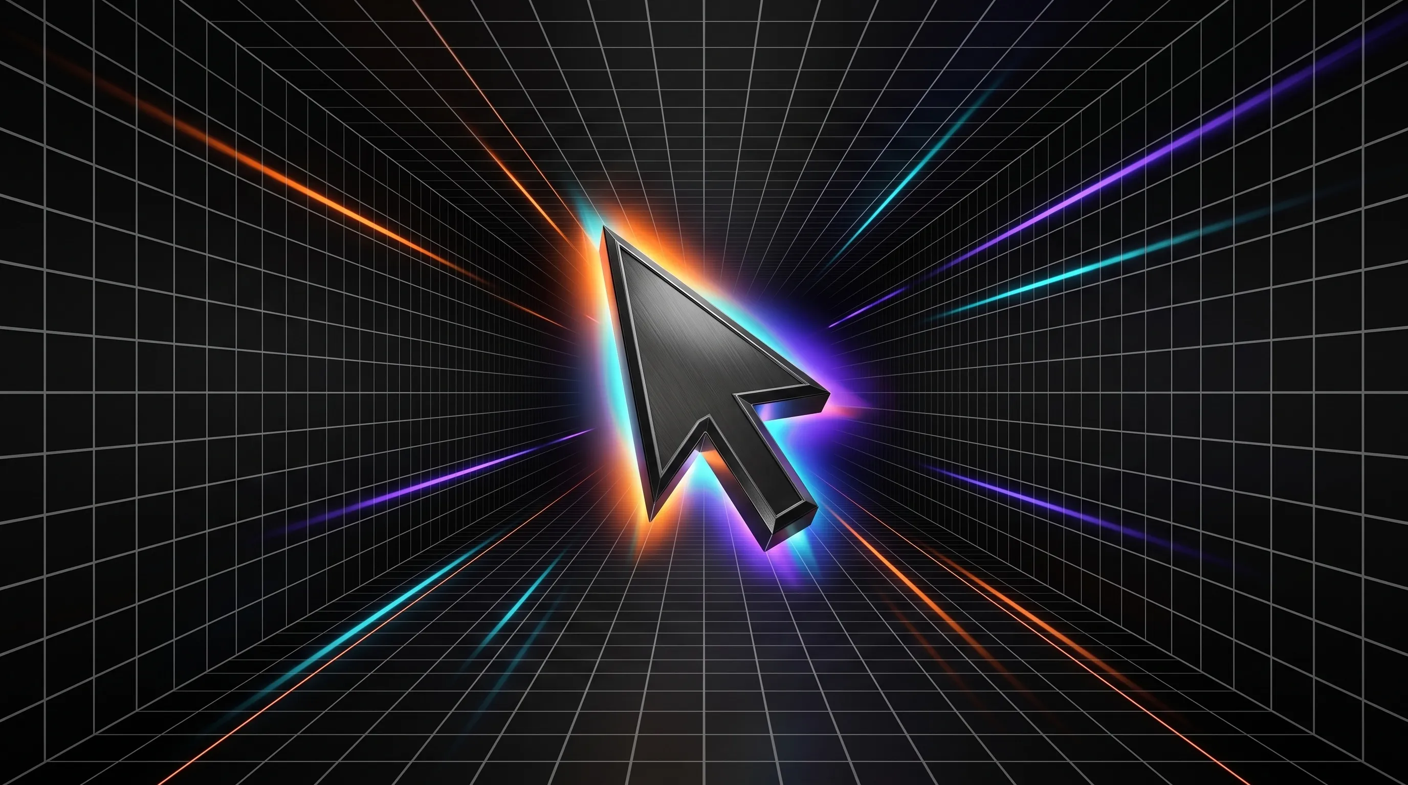 A glowing cursor at the centre of a dark perspective grid, with light streaking outward