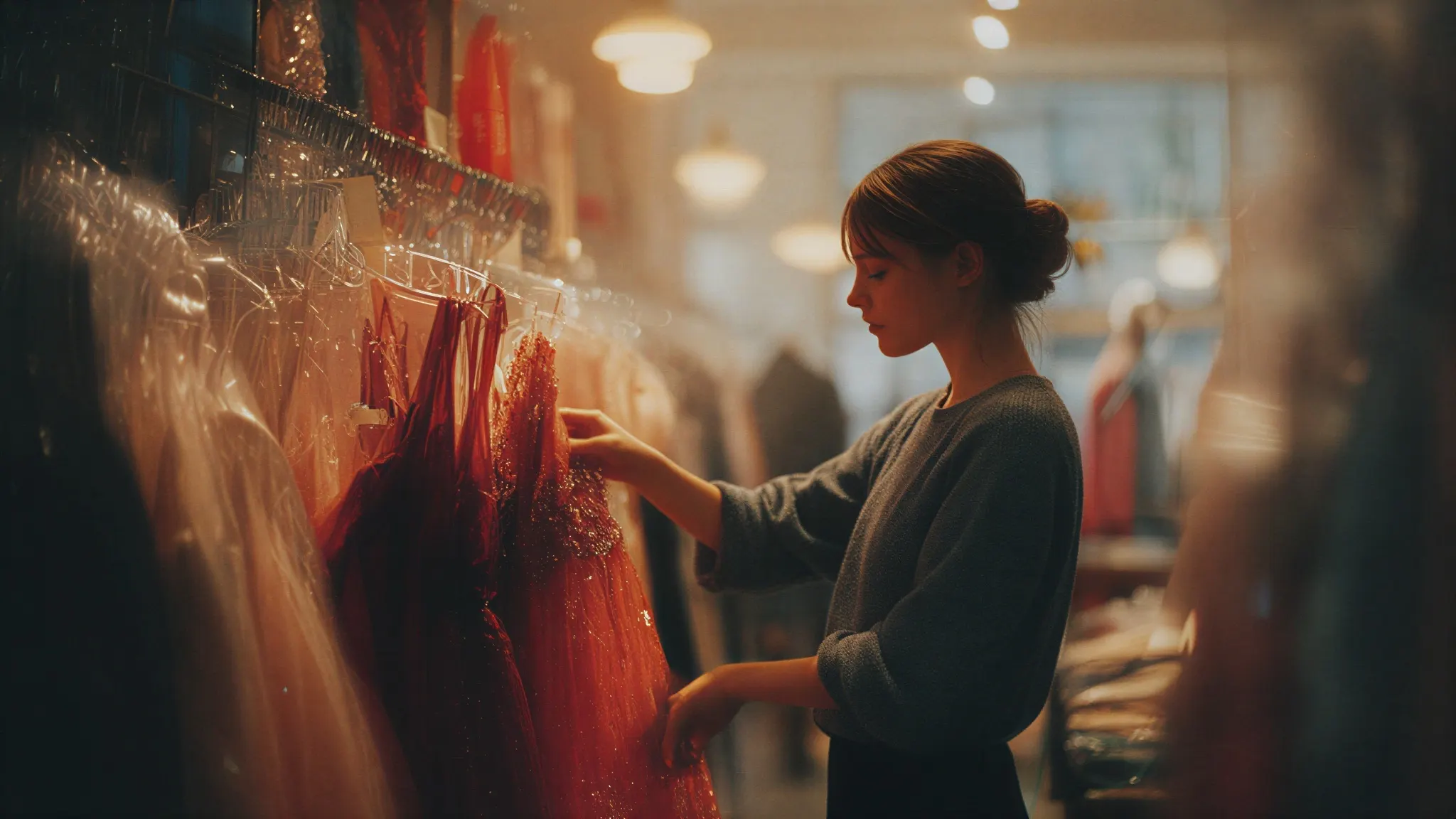 A woman browsing red dresses on a rail in a warmly lit shop