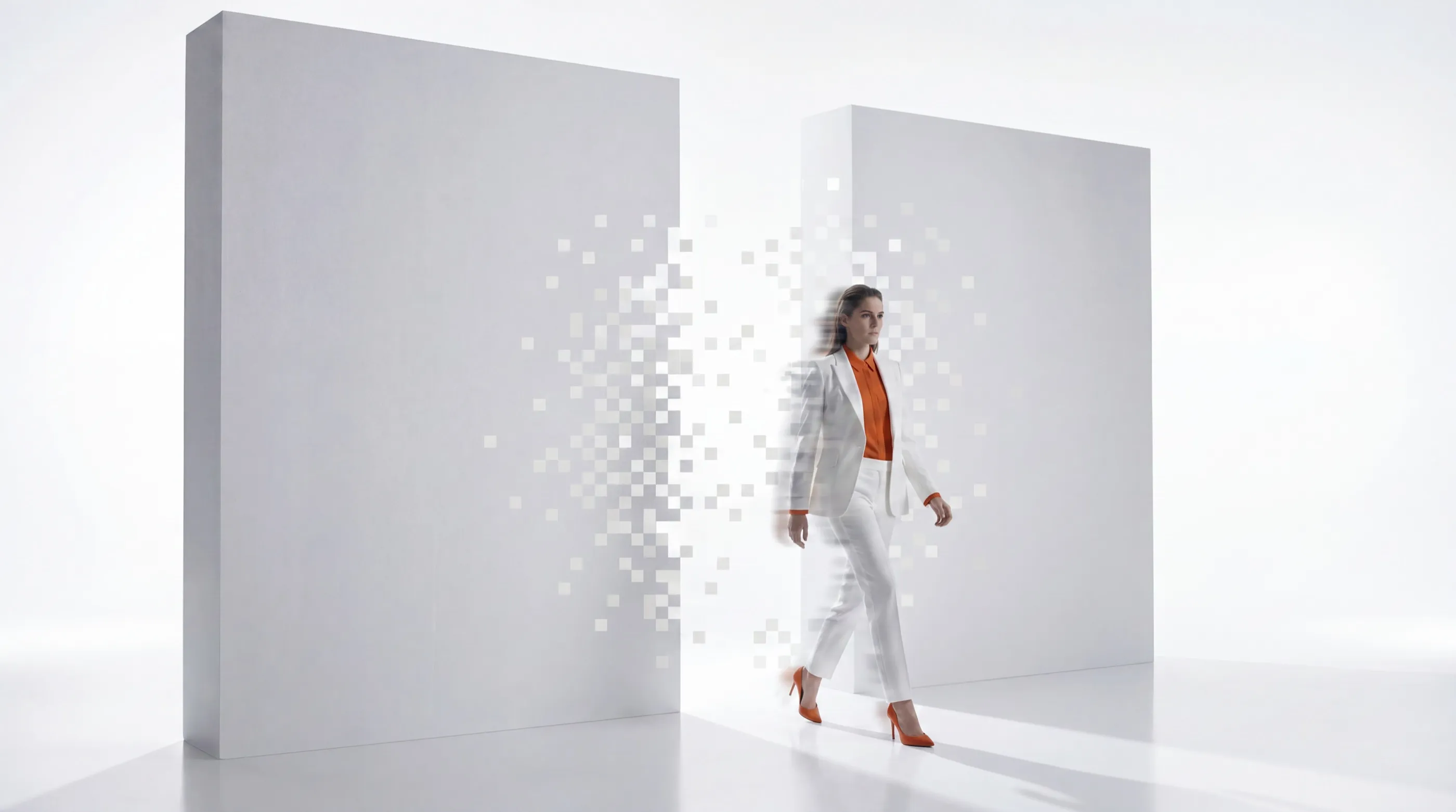 A woman in a white suit stepping through a wall that breaks into pixels