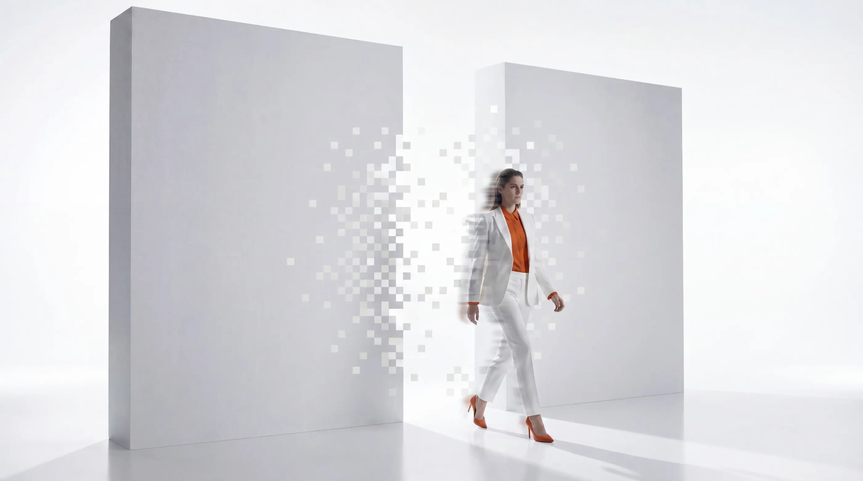 A woman in a white suit stepping through a wall that breaks into pixels