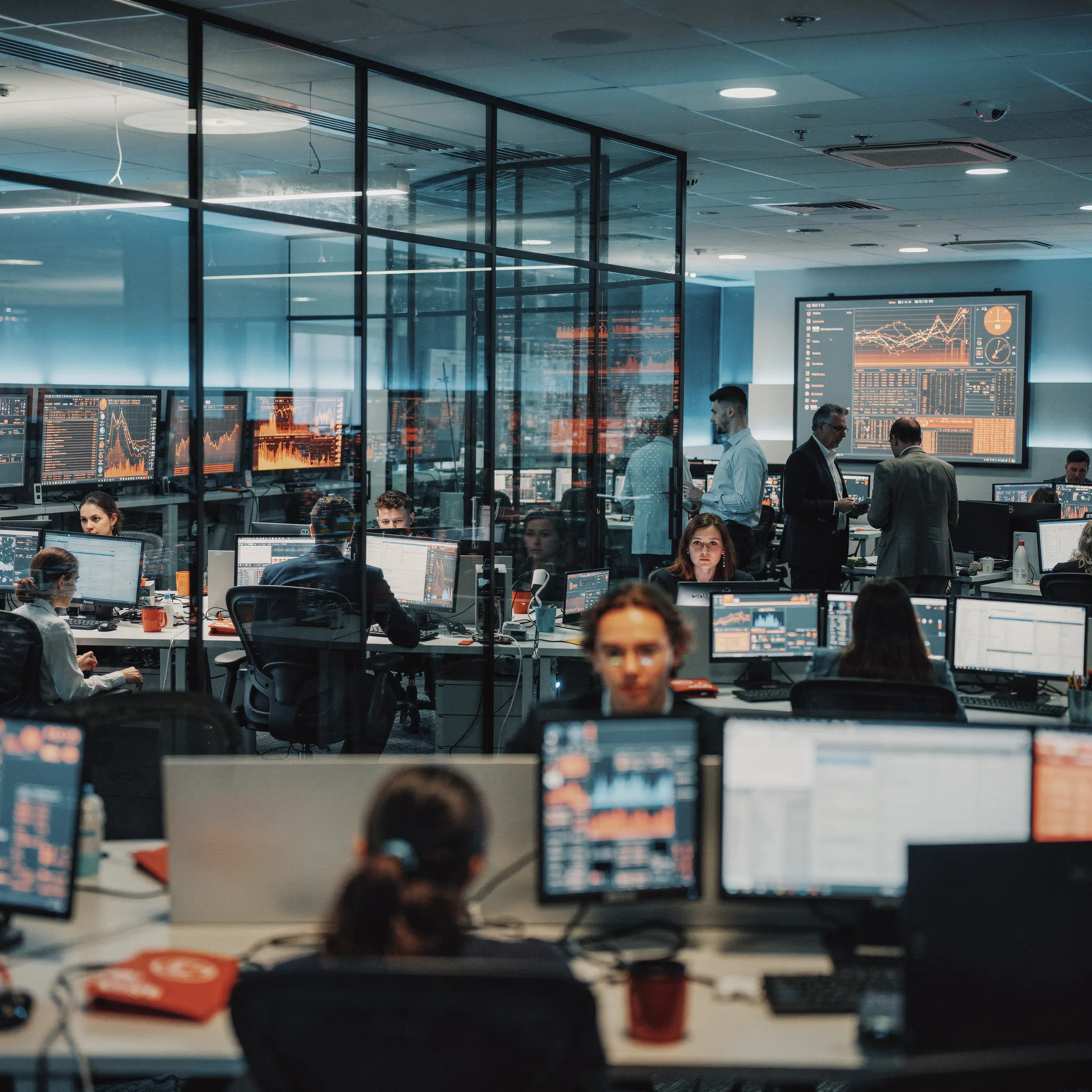 An open-plan office of people working at screens full of charts