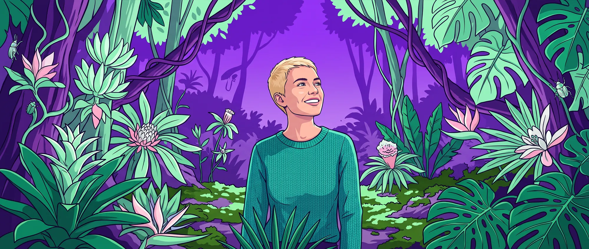 Illustrated figure smiling in a vivid purple and green jungle