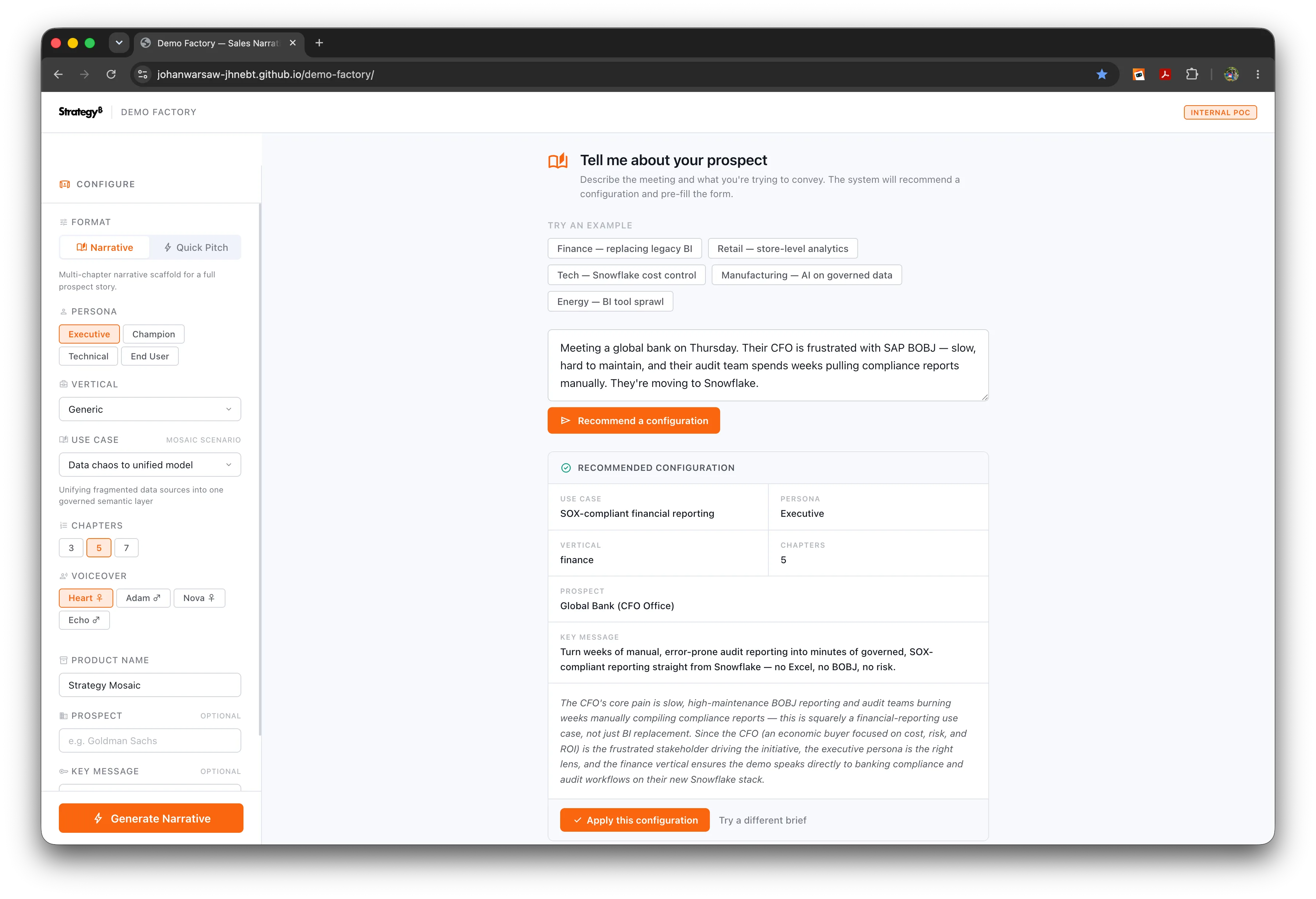 Prospect input with a recommended configuration.