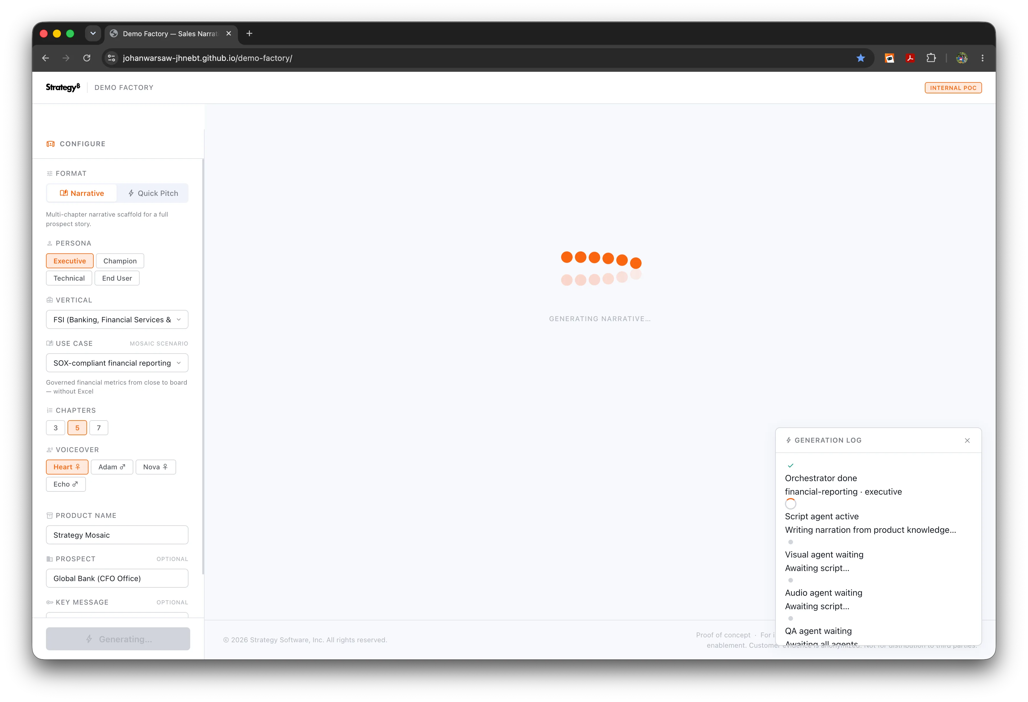 Generating a narrative, with the live agent log.