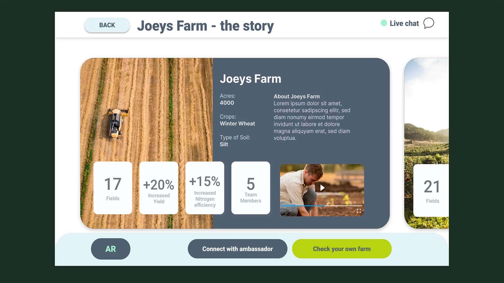 Prototype interface for the Agoro platform showing farm-level data, carbon impact metrics, and ambassador connection features. Agoro Carbon Alliance prototype interface showing farm-level data and carbon impact dashboards