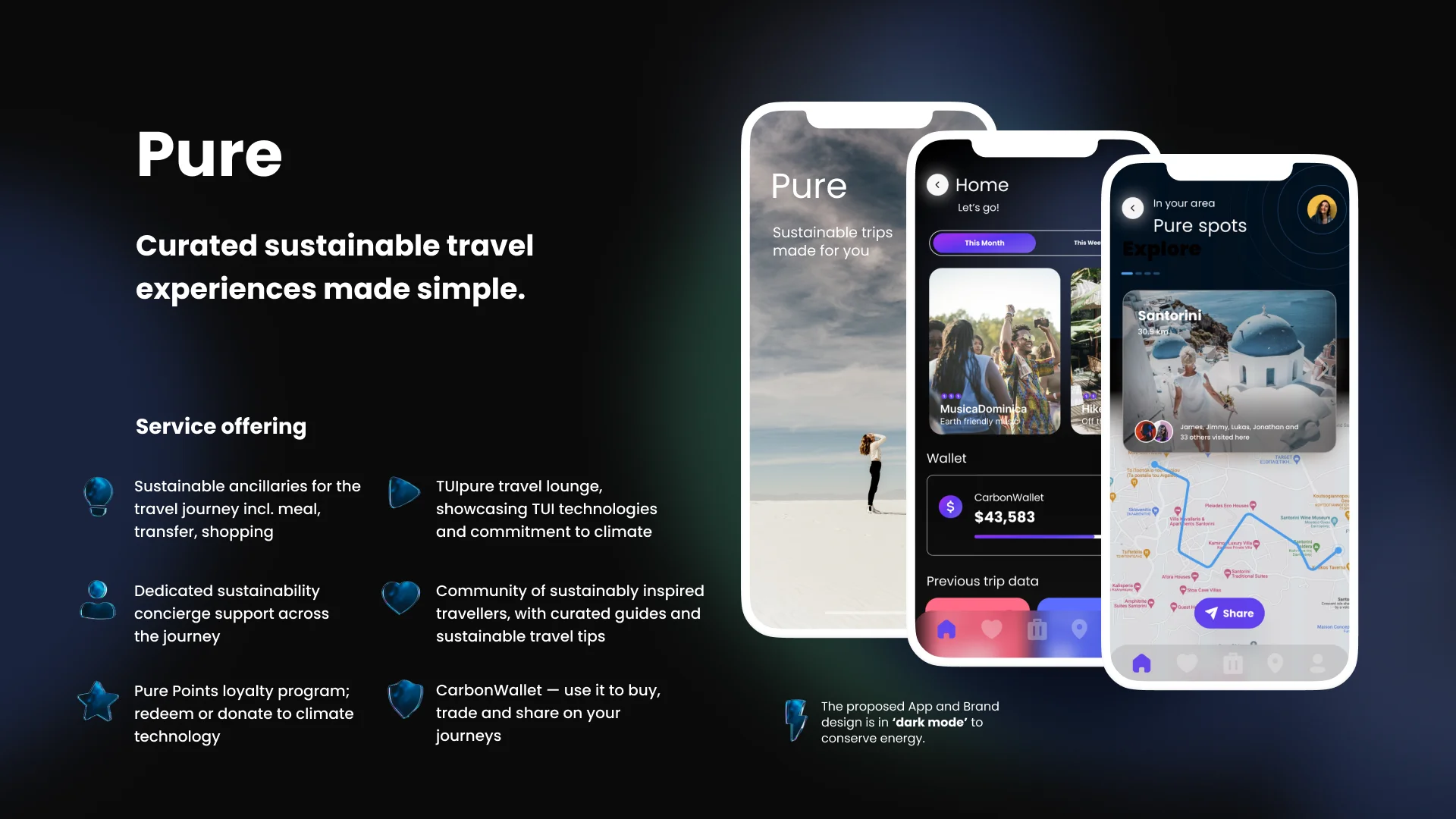 Pure: an aspirational green travel concept built around carbon-aware trip planning, sustainable ancillaries, and a community of travellers. Pure sustainable travel mobile app concept with wallet, trip planning, and community feed