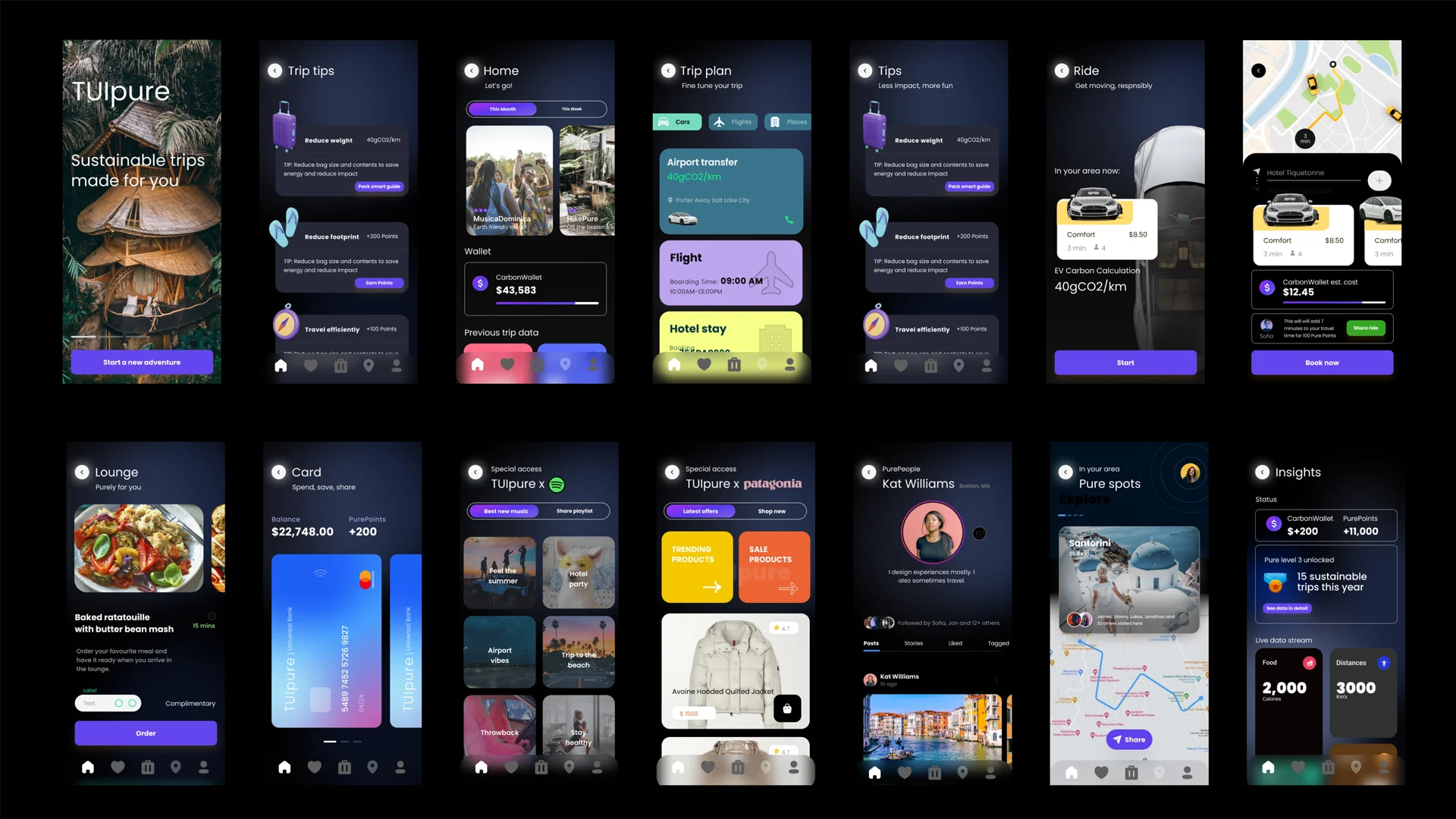 Pure aspirational concept: 12 app screens covering trip tips, sustainable ride booking with EV carbon calculation, and curated location discovery. Pure aspirational app screens covering trip tips, ride booking with EV carbon calculation, and sustainable spots